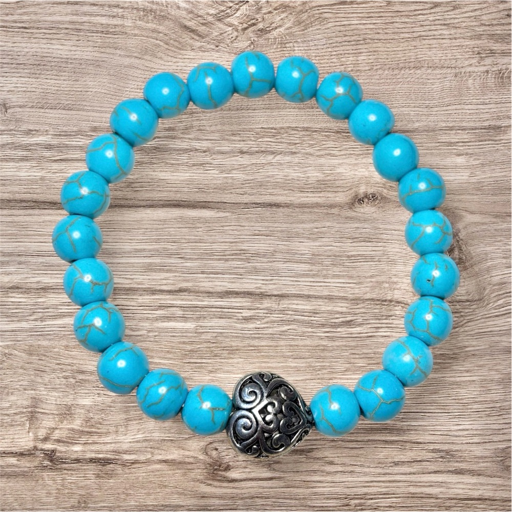 Blue Howlite (Imitation Turquoise) Beaded Bracelet with Silver Heart Charm